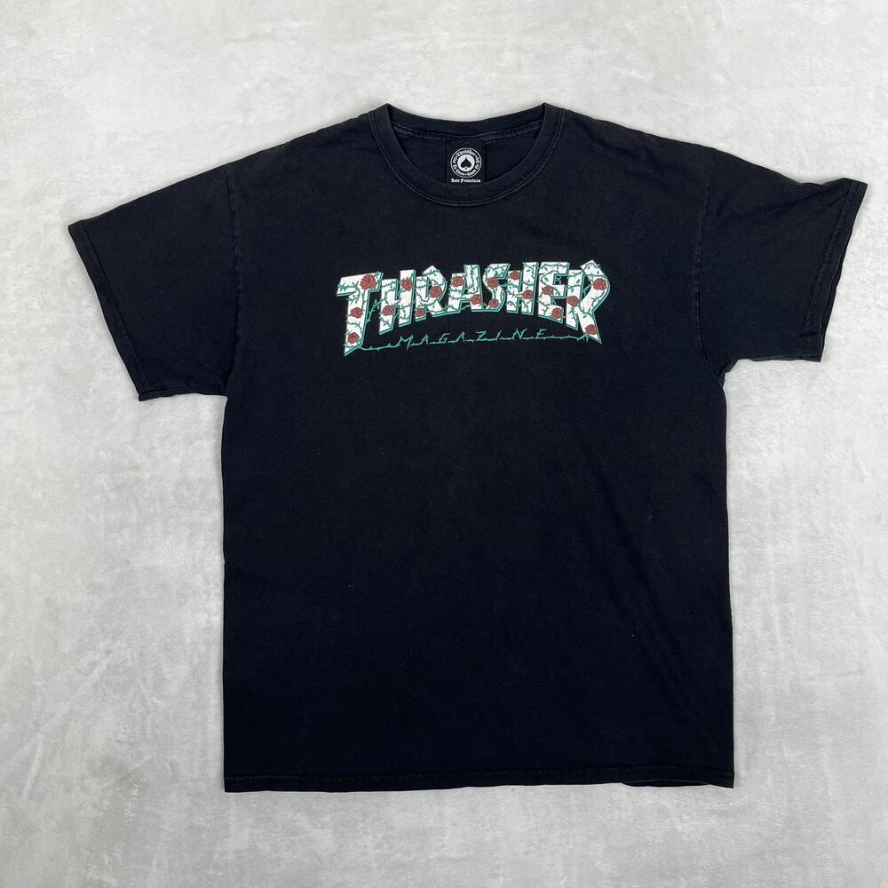 Vintage Thrasher T-Shirt Mens L Black Magazine Rose Logo Skateboard Graphic Y2K